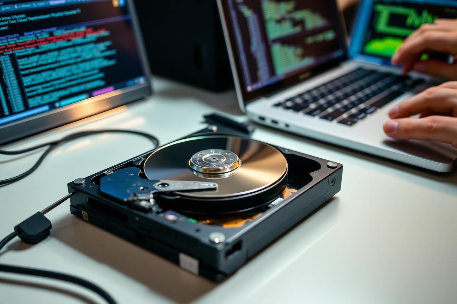 Opened hard disk drive on a data recovery bench beside a laptop running recovery software