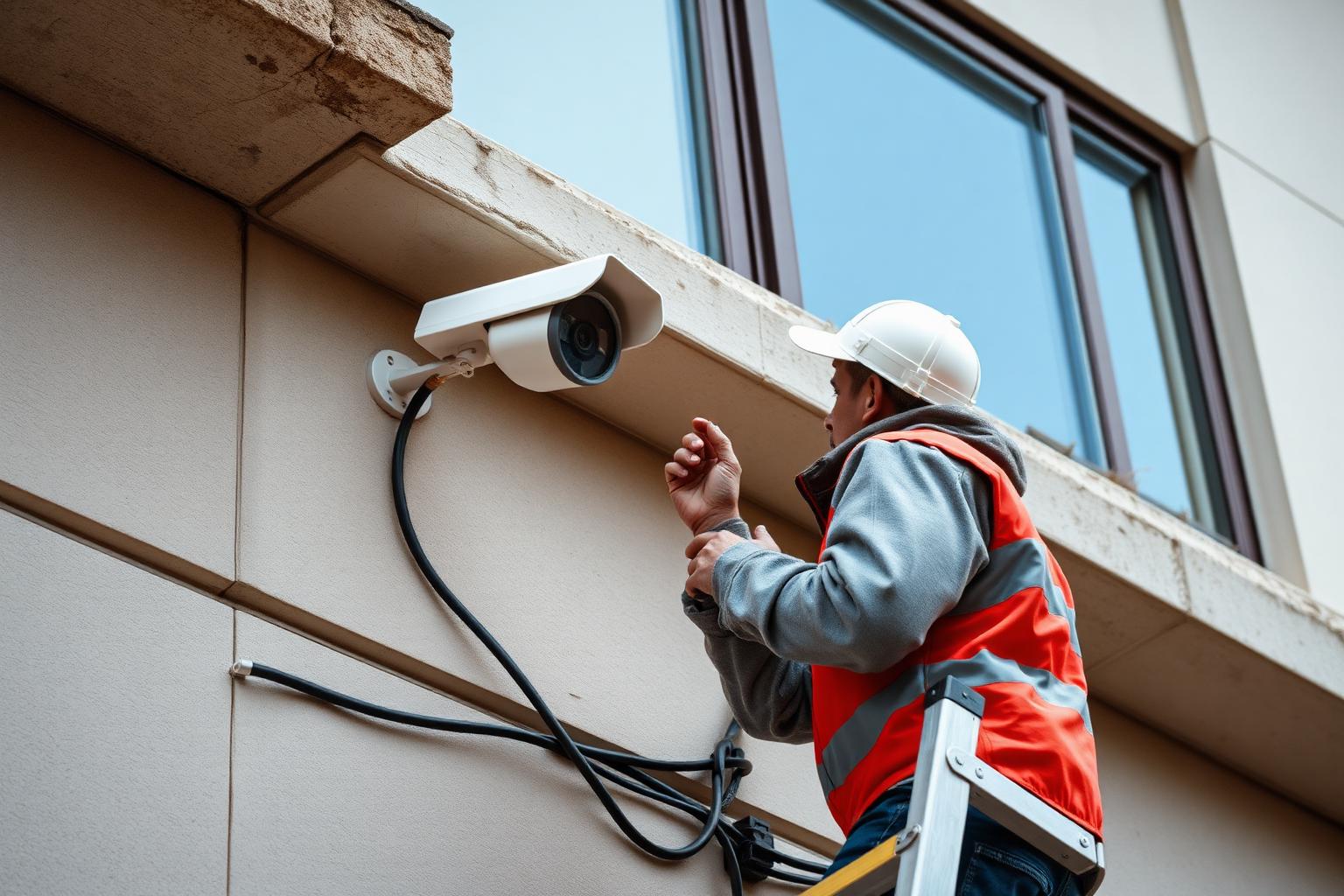 Technician installing a CCTV security camera on a building wall