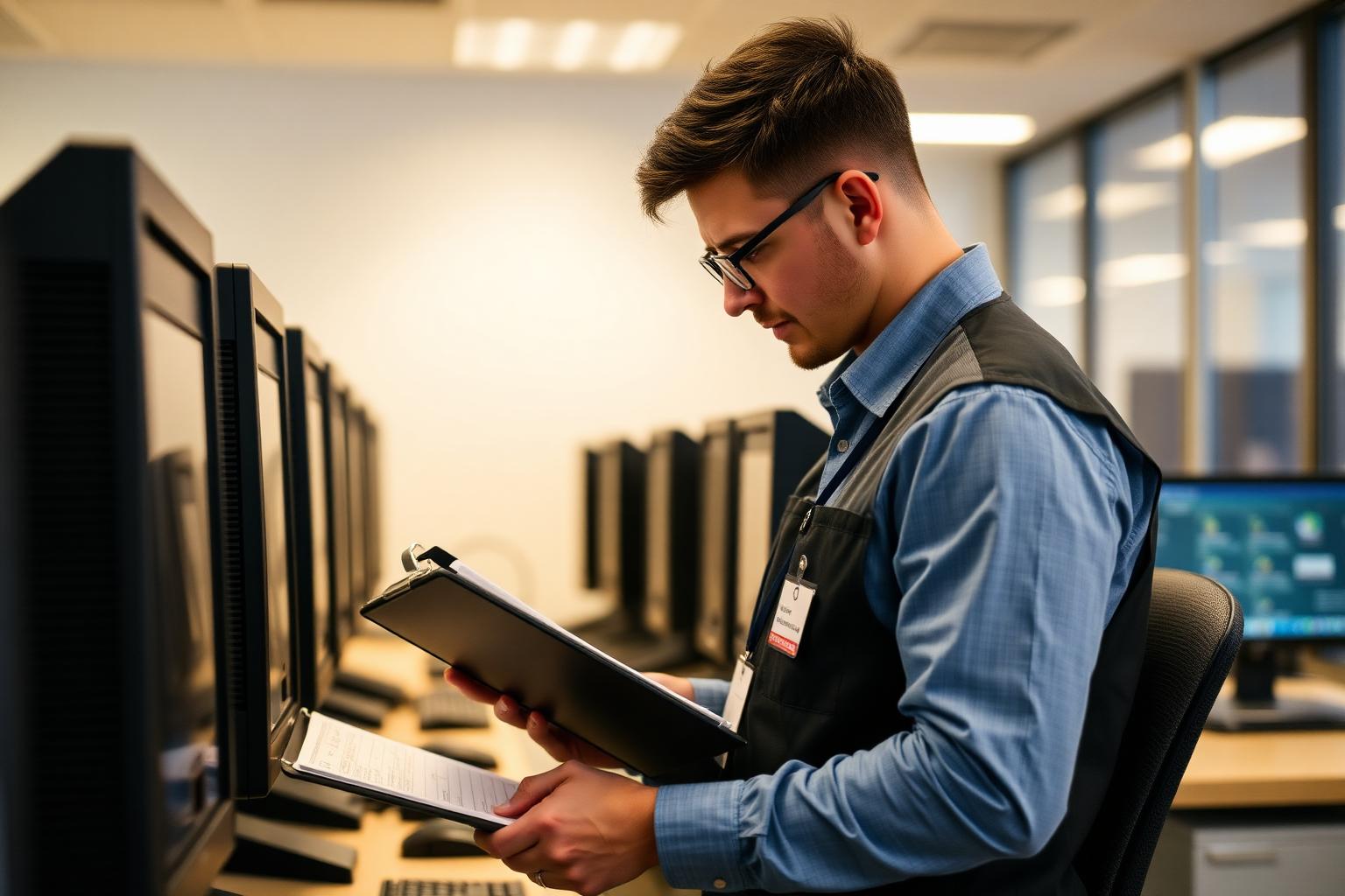 IT engineer servicing a row of office desktop computers during an AMC maintenance visit