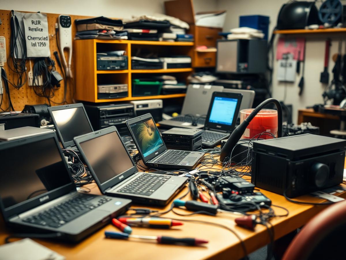 Computer repair workbench with laptops and tools